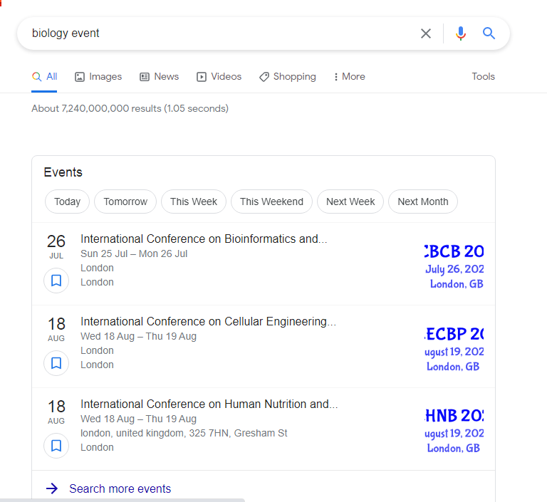 Biology event search in Google