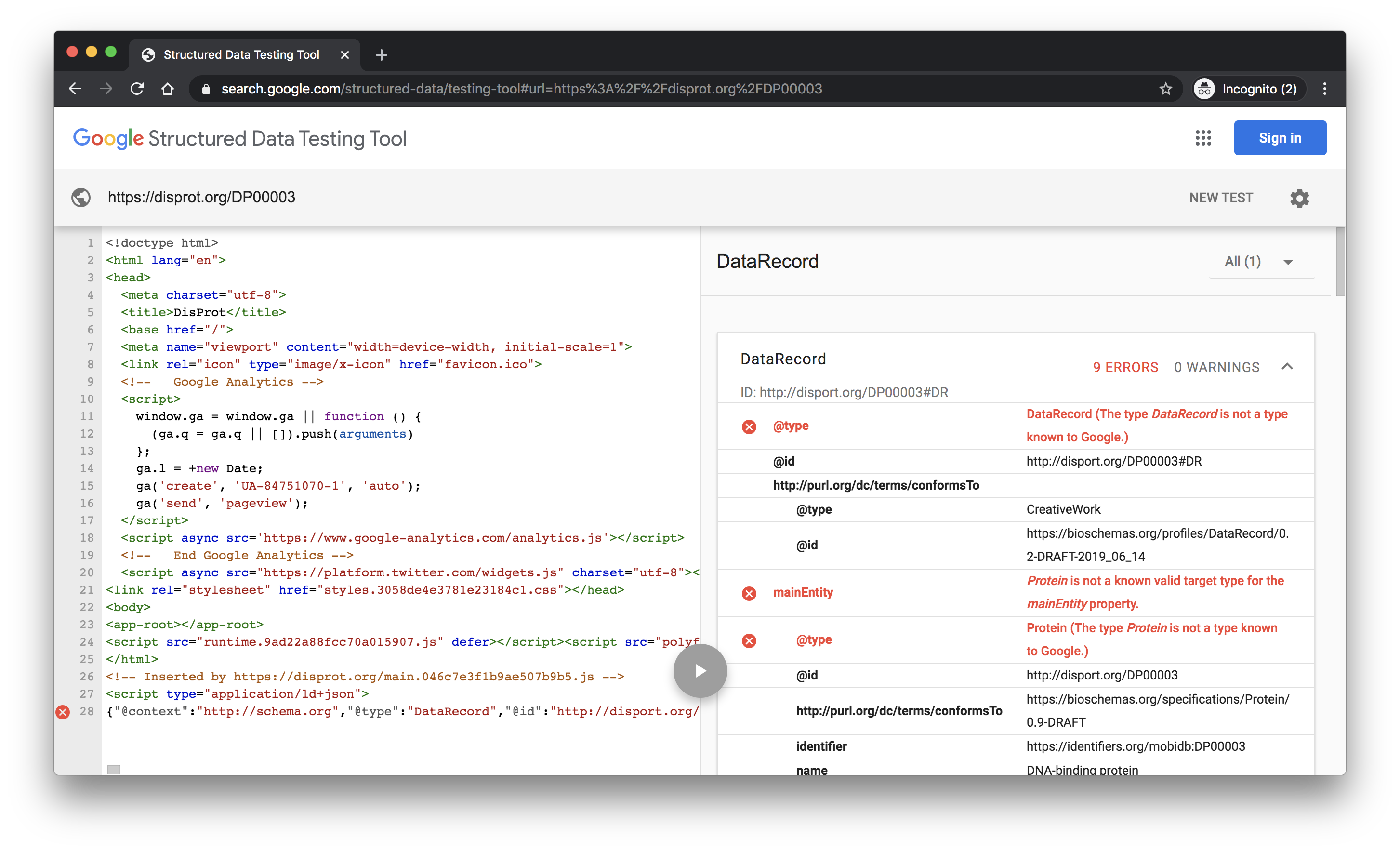 Google Structured Data Testing Tool showing DisProt:DP00003